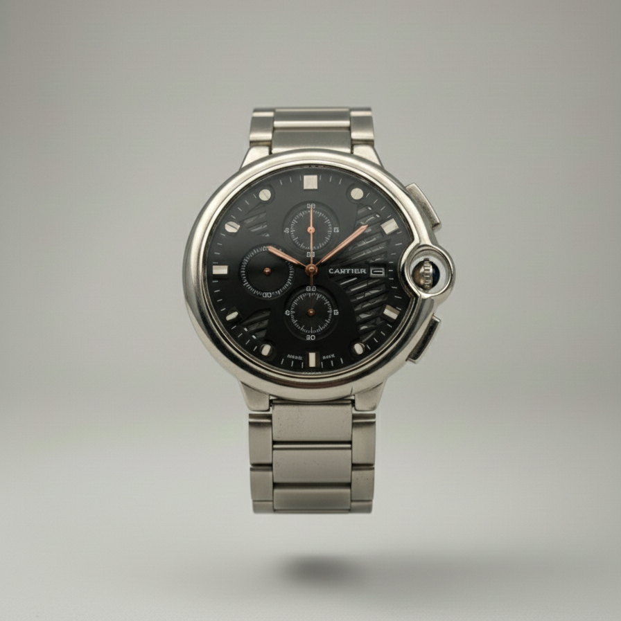 Elovris | Cartier Ballon Bleu Chronograph Black Dial Stainless Steel | Élovris AAA Job-Lotted Replica – Same Like Original