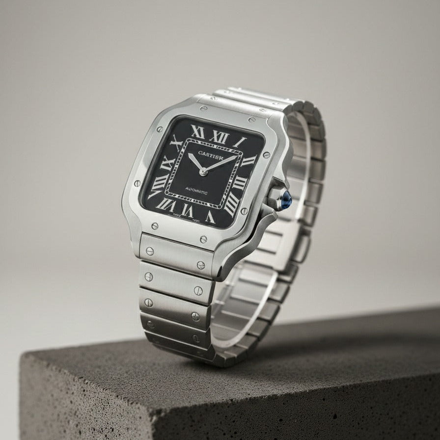 Elovris | Cartier Santos de Cartier Black Dial Stainless Steel | Élovris AAA Job-Lotted Replica – Same Like Original