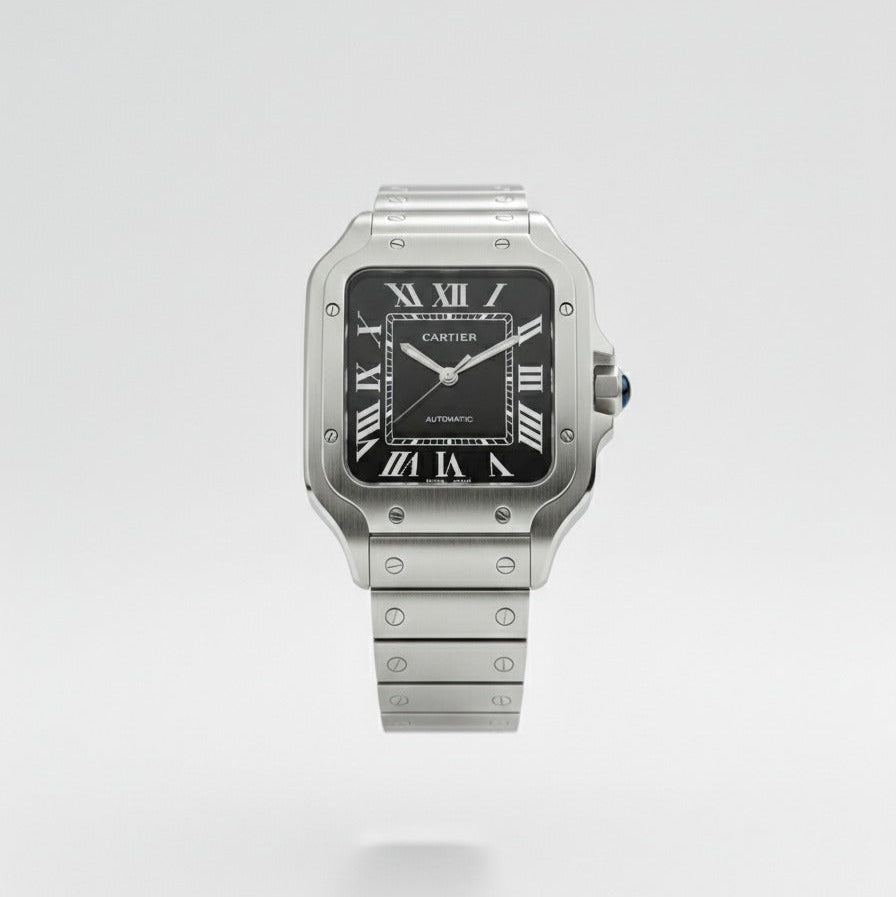 Elovris | Cartier Santos de Cartier Black Dial Stainless Steel | Élovris AAA Job-Lotted Replica – Same Like Original