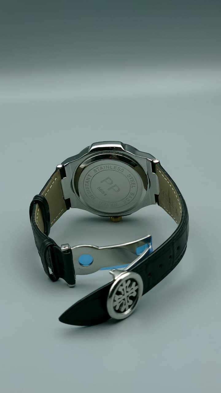 Elovris | Patek Philippe Geneve Quartz Watch – Black Dial with Black Genuine Leather Strap | Élovris premium Wtches