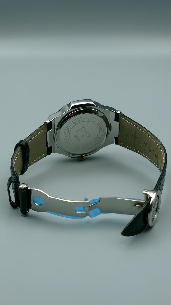 Elovris | Patek Philippe Geneve Quartz Watch – Black Dial with Black Genuine Leather Strap | Élovris premium Wtches