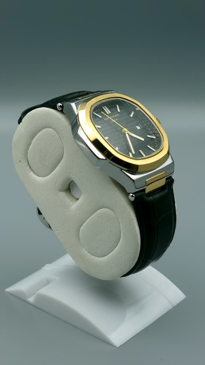 Elovris | Patek Philippe Geneve Quartz Watch – Black Dial with Black Genuine Leather Strap | Élovris premium Wtches